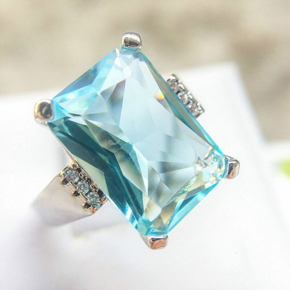 NEW Huge Aquamarine Diamond Silver Engagement Ring - Picture 7 of 8